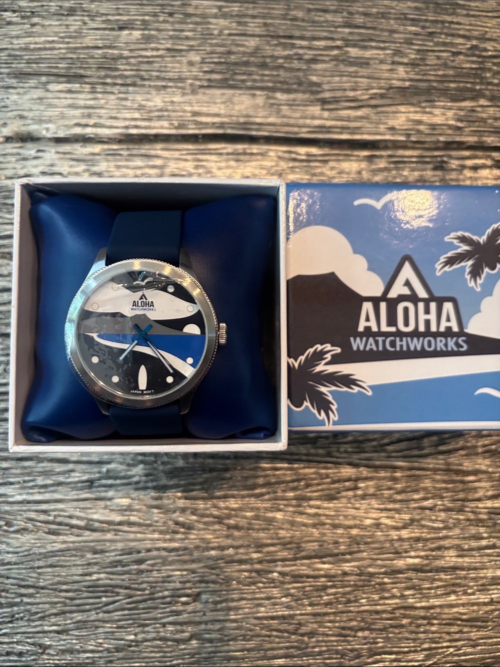Aloha Watchworks Blue Surf Pattern Quartz Watch brand new in box and running.